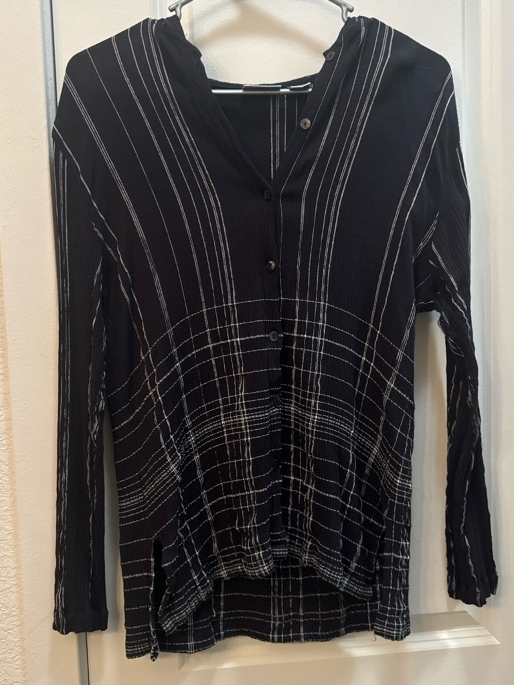 Chico's Black Button-Front Top with White Stripe Grid